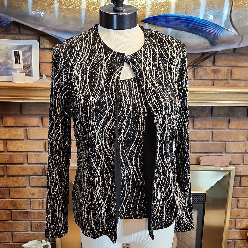 Ronni Nicole Black & Silver Wave-Pattern Sparkle Jacket And Tank Top Glittery PS